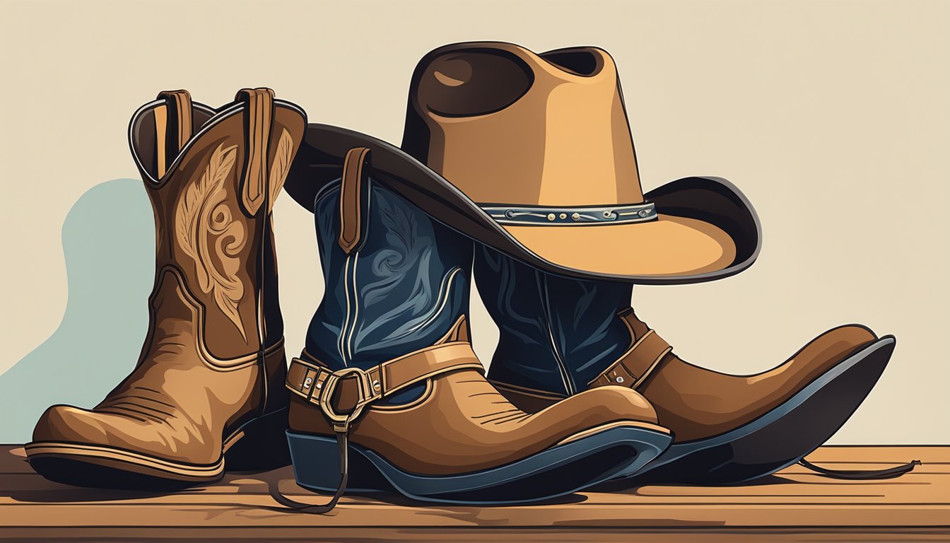 A cowboy hat resting on a guitar case with a pair of cowboy boots nearby