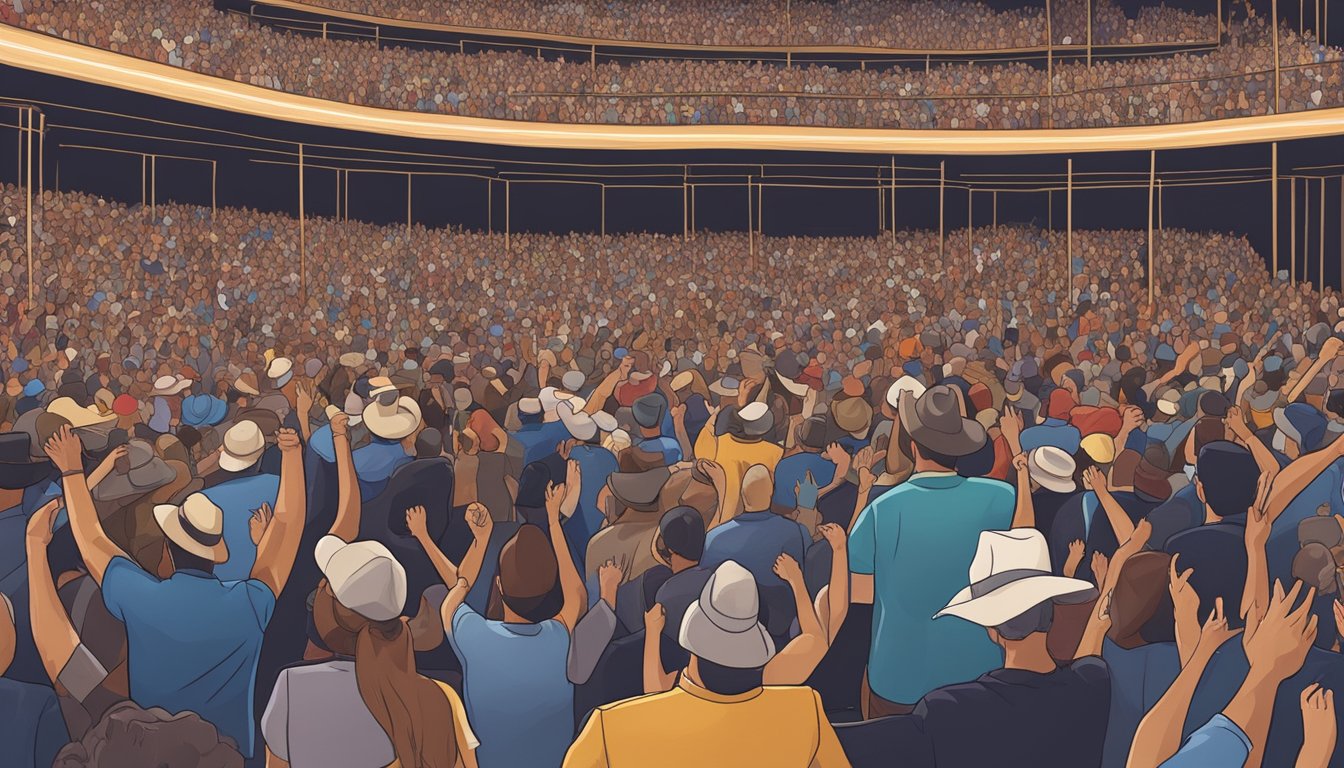 A crowded concert hall filled with cheering fans as George Strait performs on stage during his 2025 tour