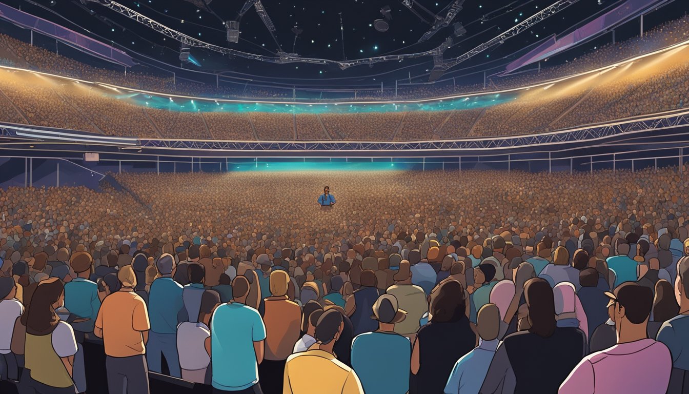 A crowded concert venue with a large stage, bright lights, and a massive crowd eagerly awaiting the George Strait tour in 2025