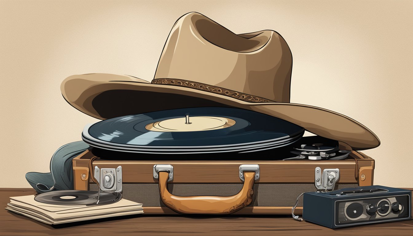 A cowboy hat resting on a weathered guitar case, surrounded by vinyl records and a vintage record player