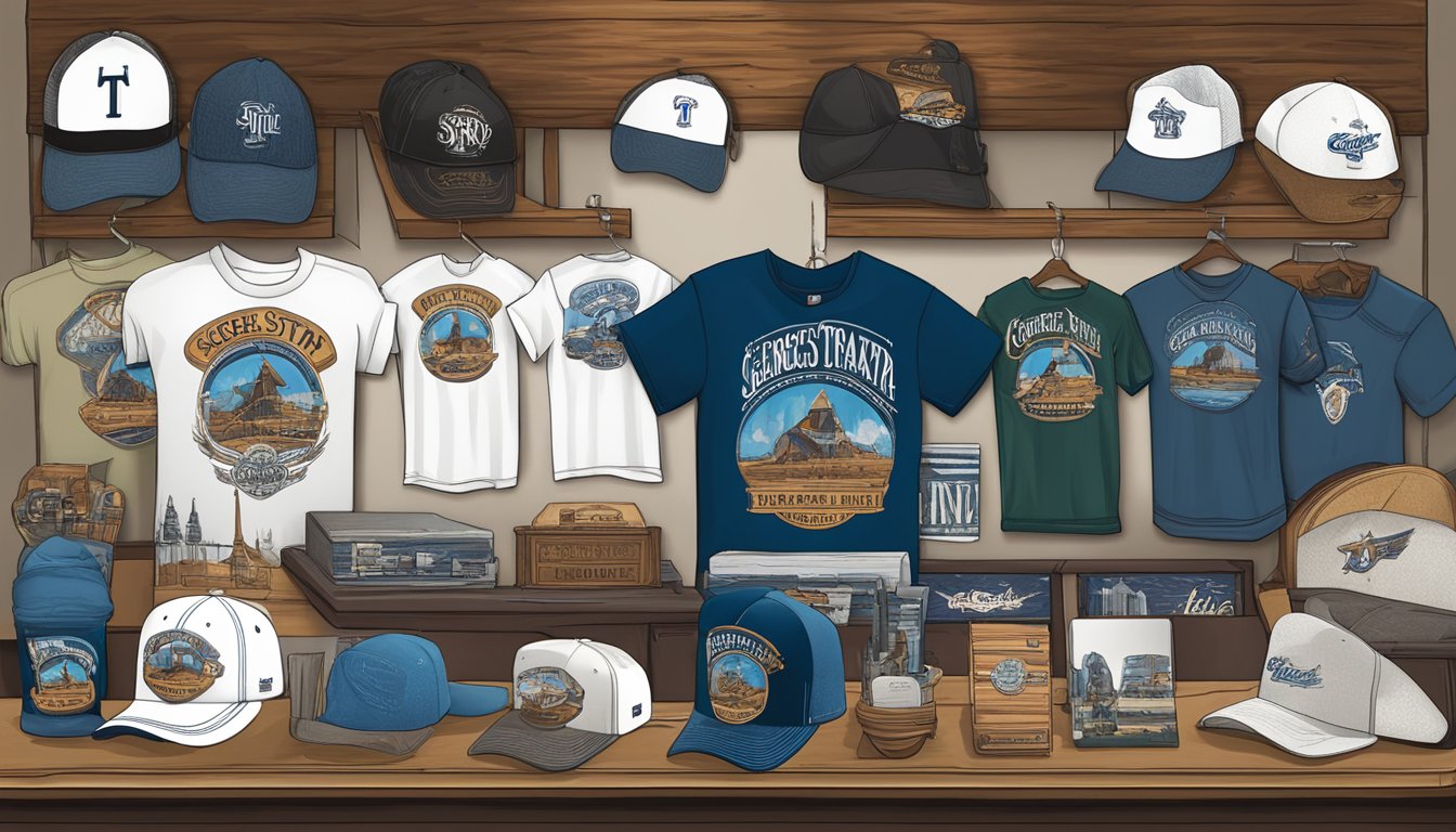 A table displaying George Strait tour merchandise, including t-shirts, hats, and posters, with the tour logo prominently featured