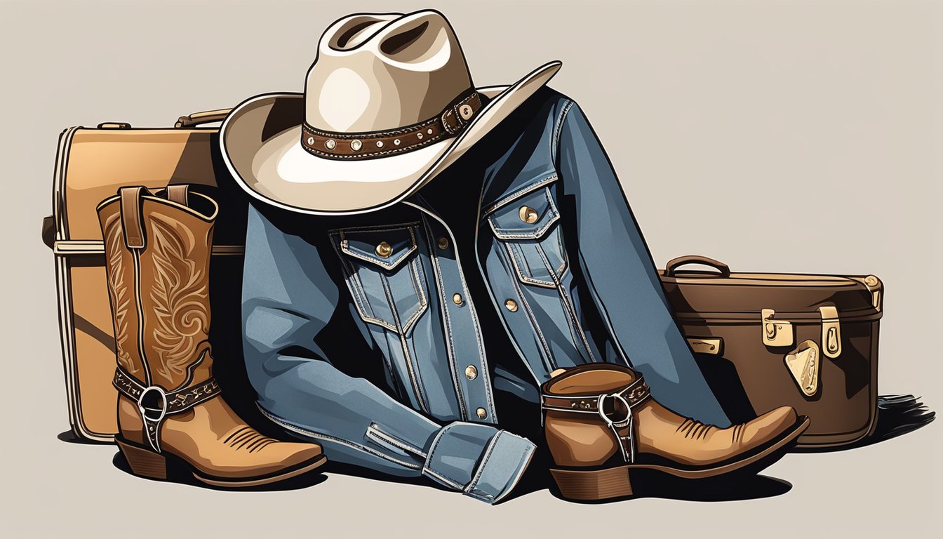 A cowboy hat resting on a guitar case, surrounded by cowboy boots and a worn denim jacket