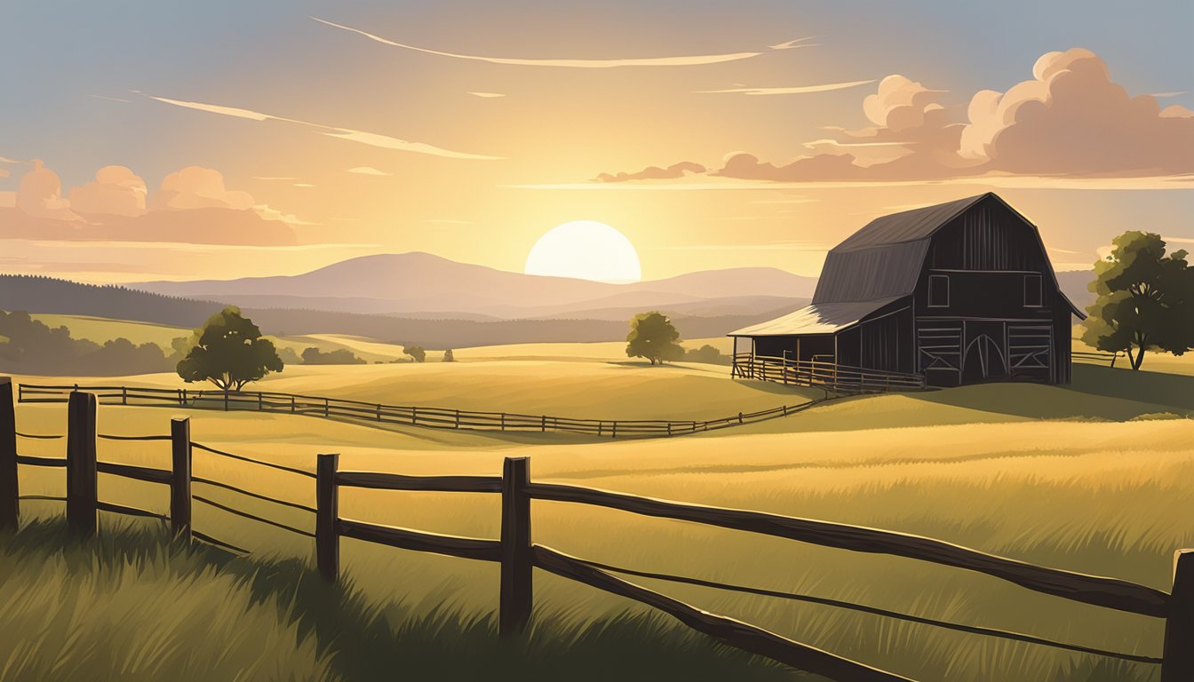 A sunlit countryside with rolling hills, a rustic barn, and a lone cowboy hat resting on a fence post