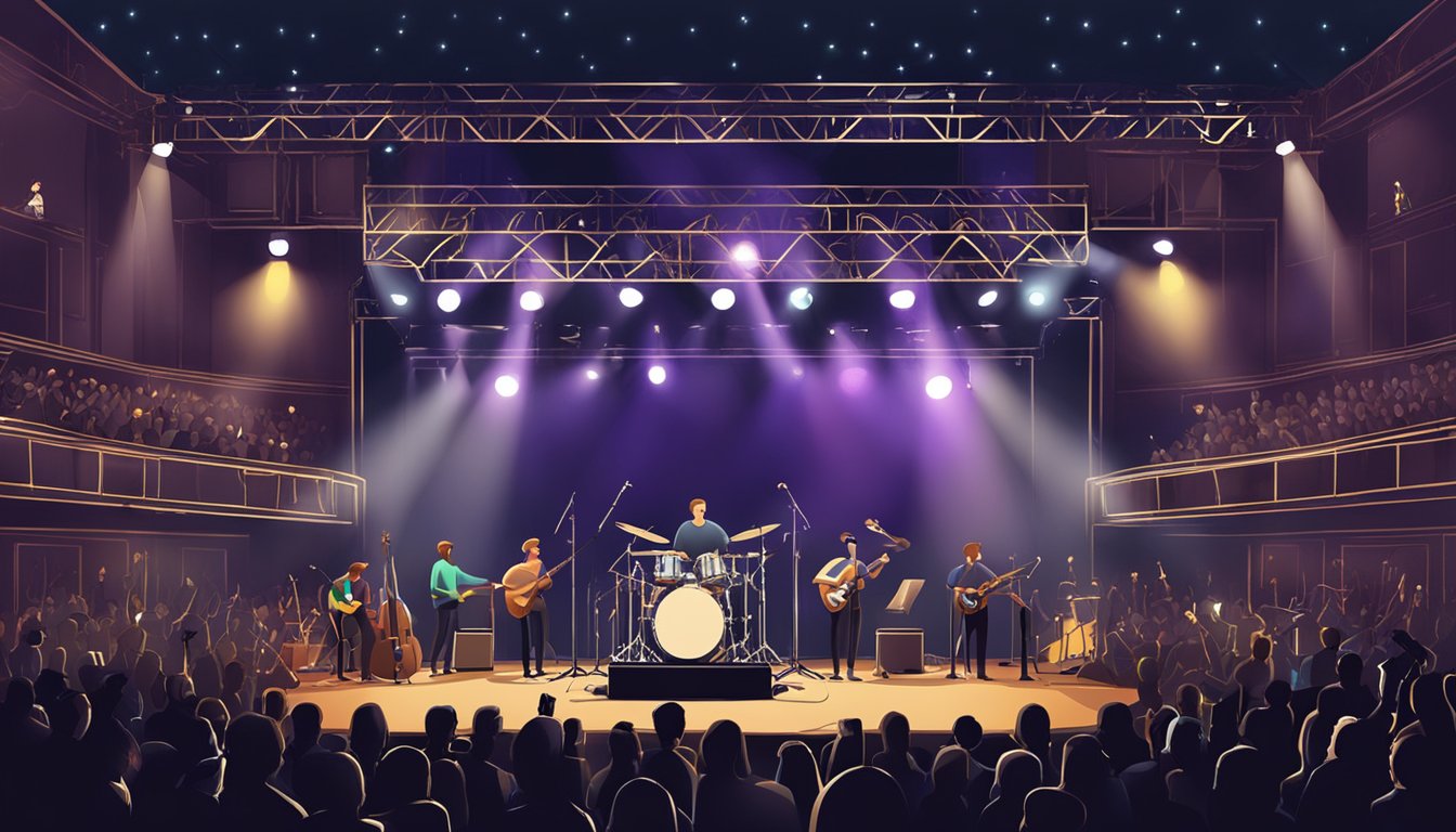 A crowded concert venue with stage lights shining on a microphone and instruments set up for opening performers