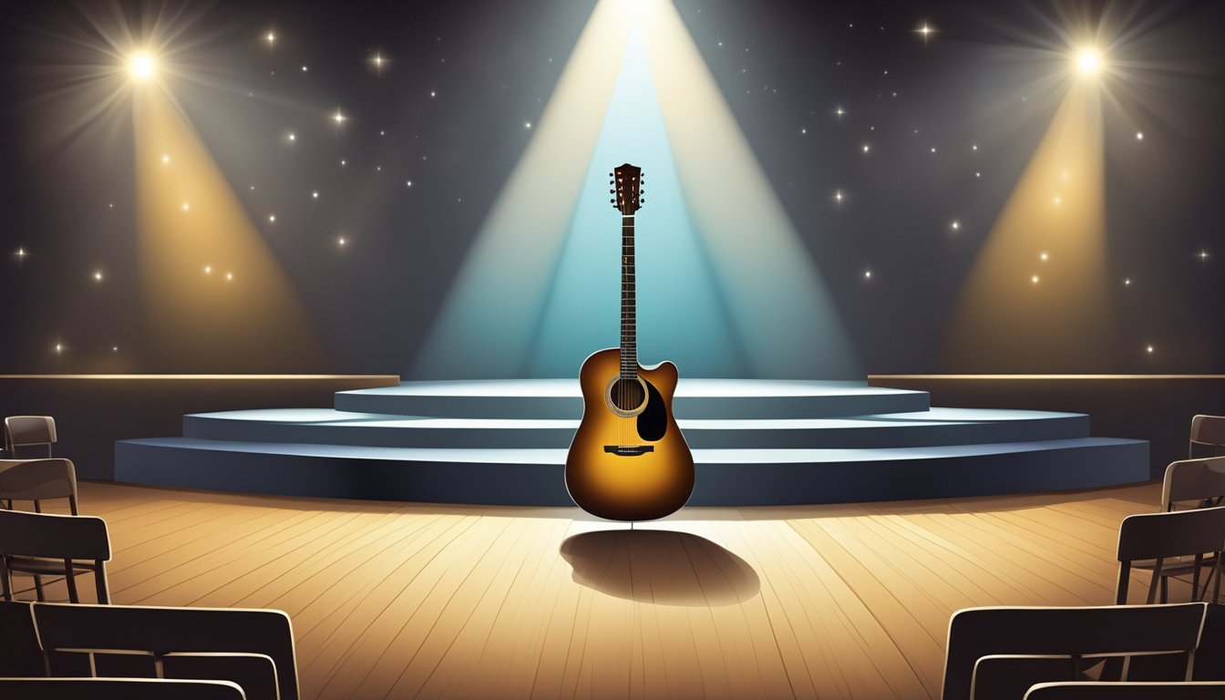 A lone guitar on a stage, surrounded by empty seats under a spotlight