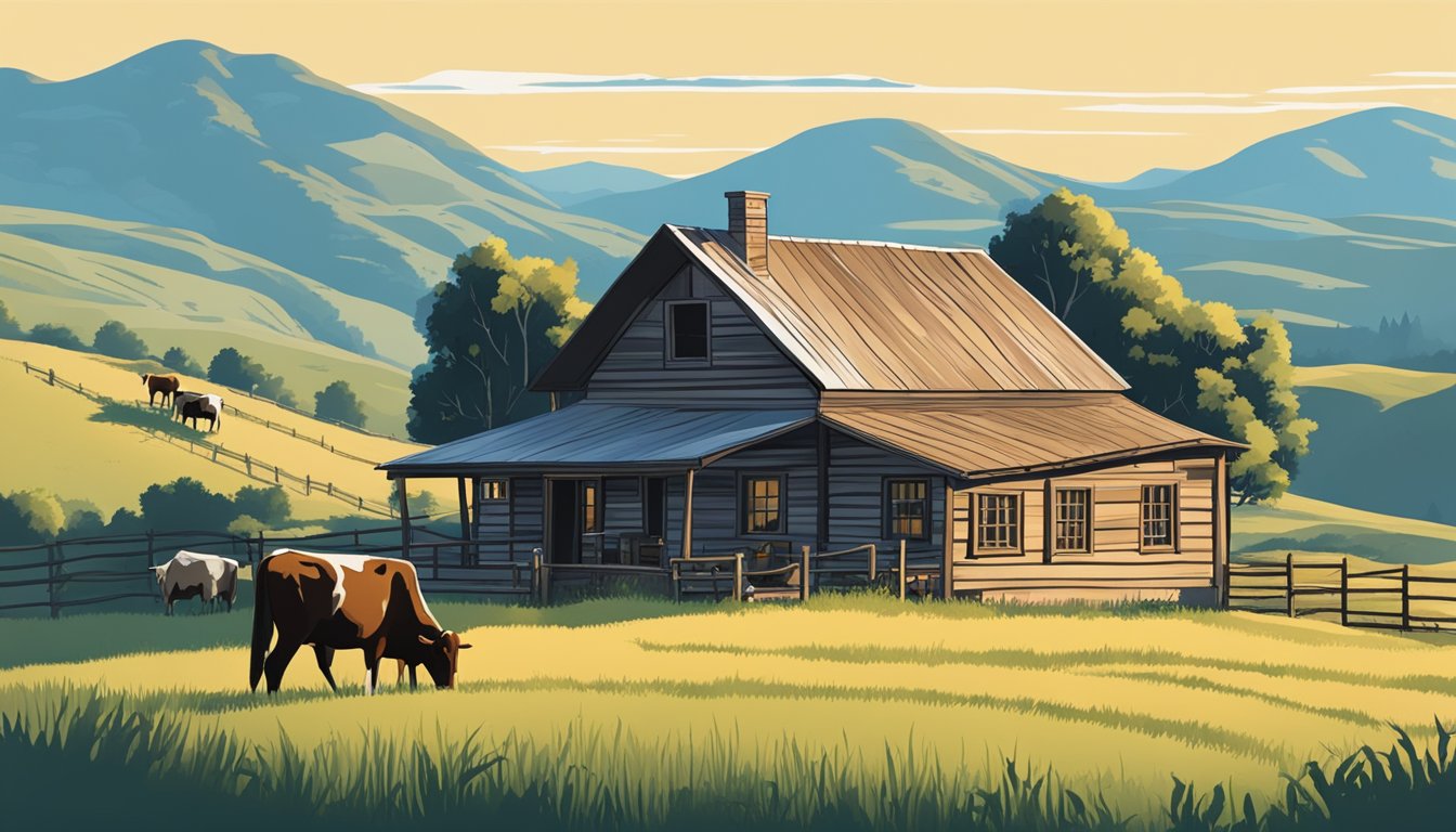 A rustic ranch house surrounded by rolling hills and grazing cattle, with a clear blue sky overhead