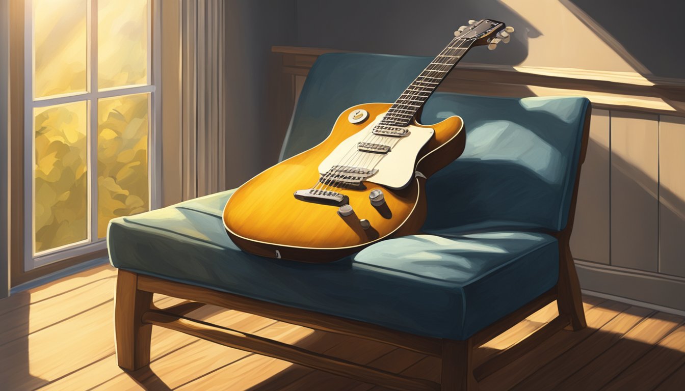 A guitar resting on a weathered wooden chair, bathed in warm sunlight streaming through a window