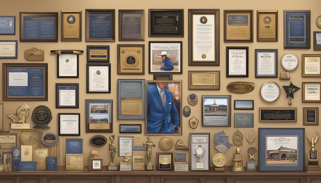 George Strait's career milestones displayed on a wall, surrounded by awards and accolades