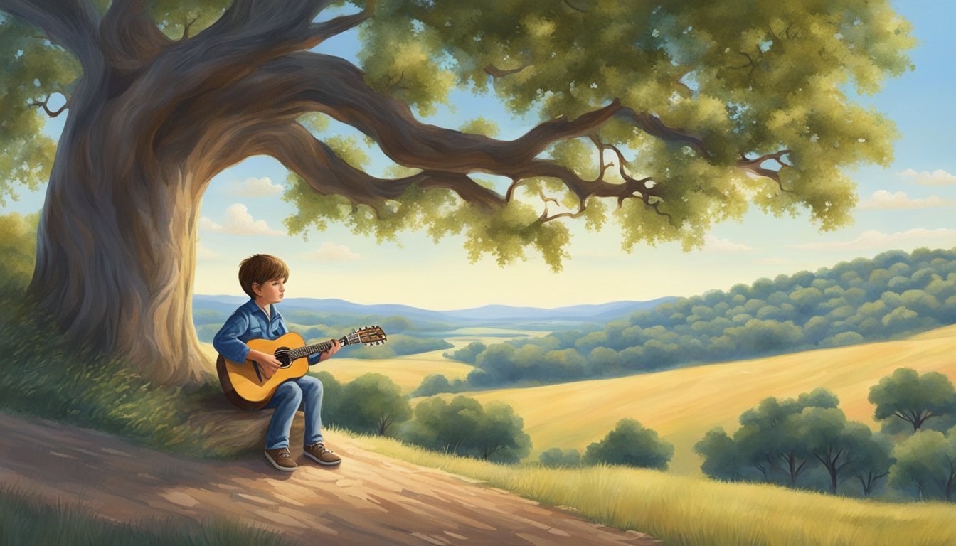 A young boy strums a guitar under a lone oak tree in the Texas countryside, surrounded by rolling hills and a clear blue sky