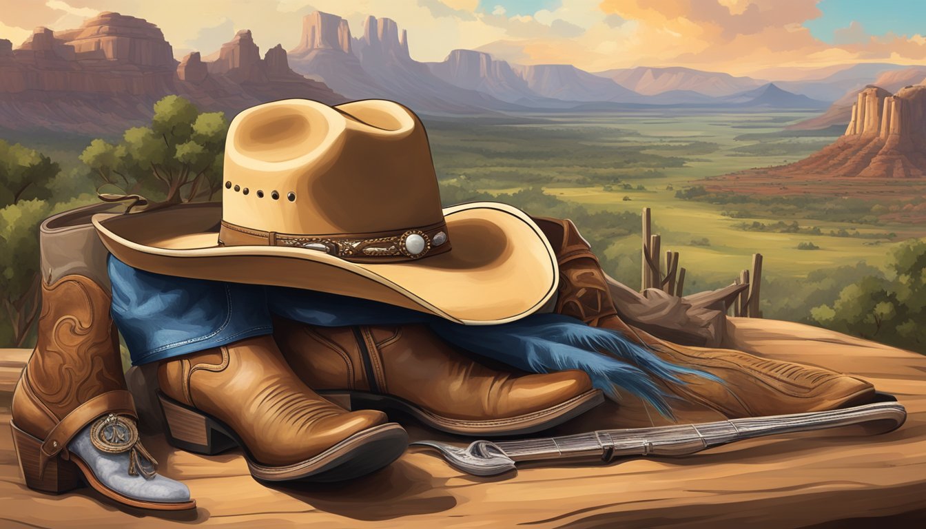 A cowboy hat and boots surrounded by western-themed objects and landscapes, influenced by George Strait's music and the country lifestyle