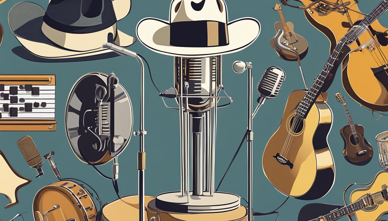 A spotlight shines on a microphone stand surrounded by musical instruments and a cowboy hat, symbolizing George Strait's successful acting and music career