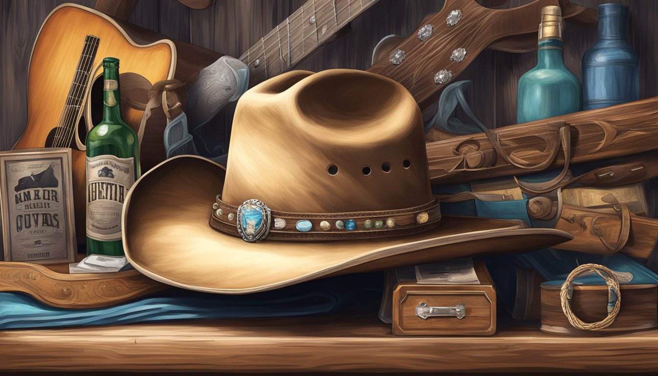 A cowboy hat resting on a weathered guitar, surrounded by awards and memorabilia