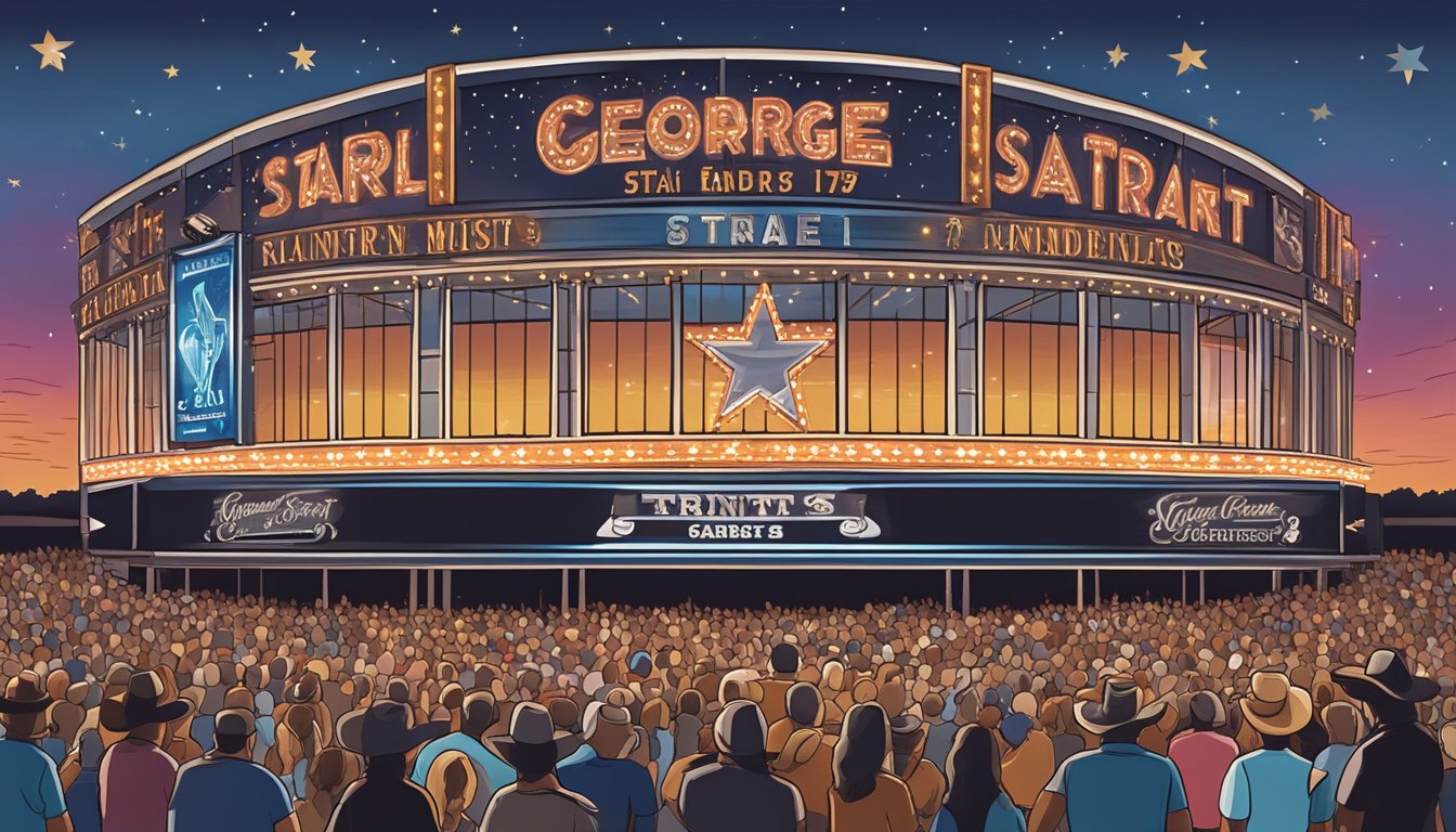 A crowded concert arena with George Strait's name in lights, surrounded by adoring fans and country music memorabilia