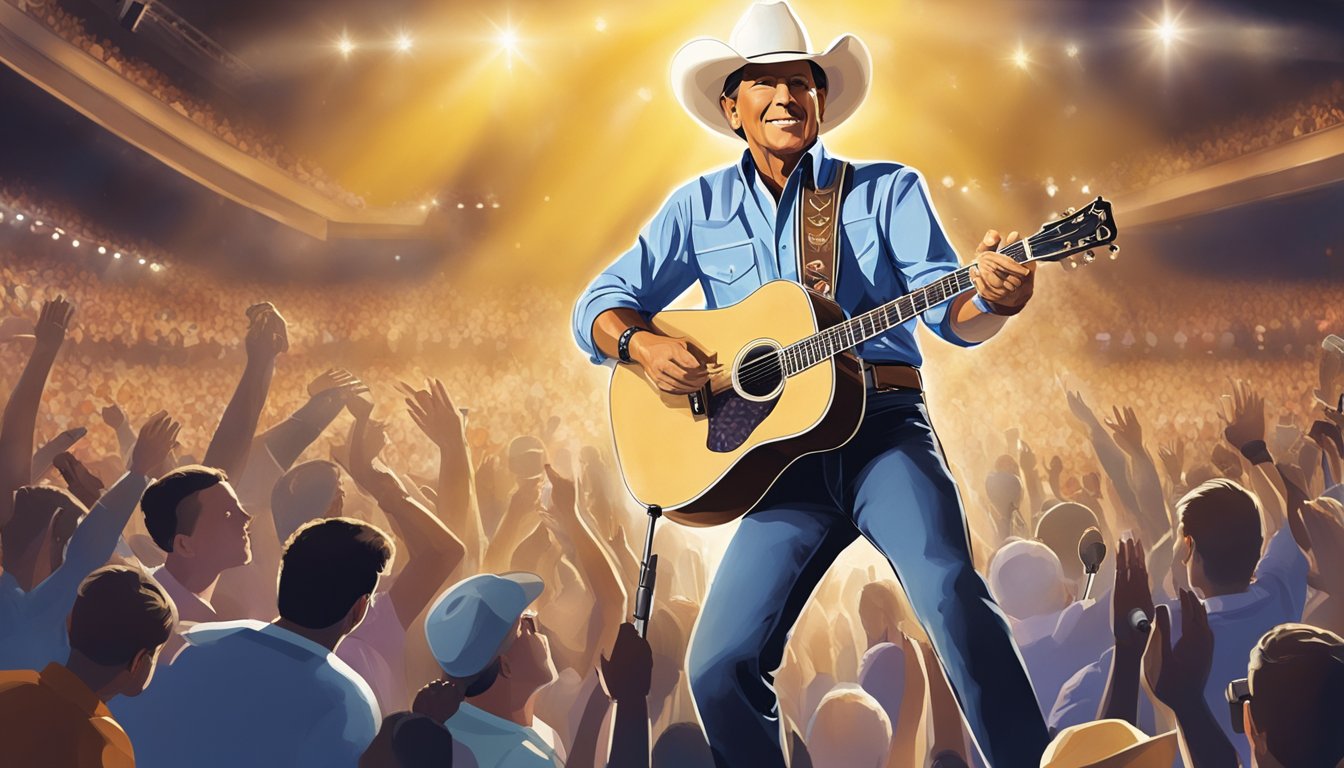 George Strait performing on stage surrounded by adoring fans, with a spotlight shining down on him. The stage is filled with instruments and equipment for his later career and tours