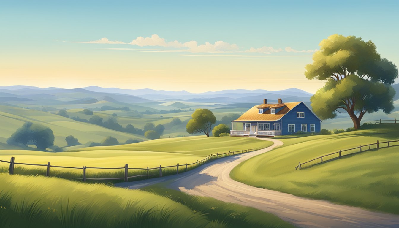 A serene countryside setting with a ranch house, rolling hills, and a clear blue sky