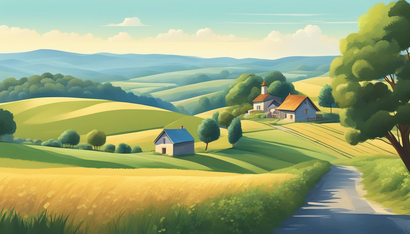 A rural landscape with a small house, rolling hills, and a clear blue sky