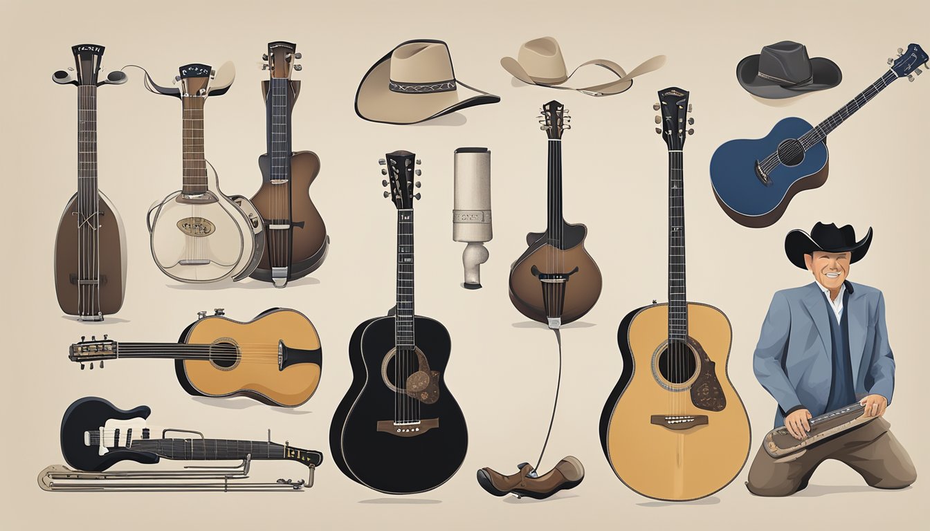 George Strait's musical journey depicted through a series of iconic country music symbols and instruments