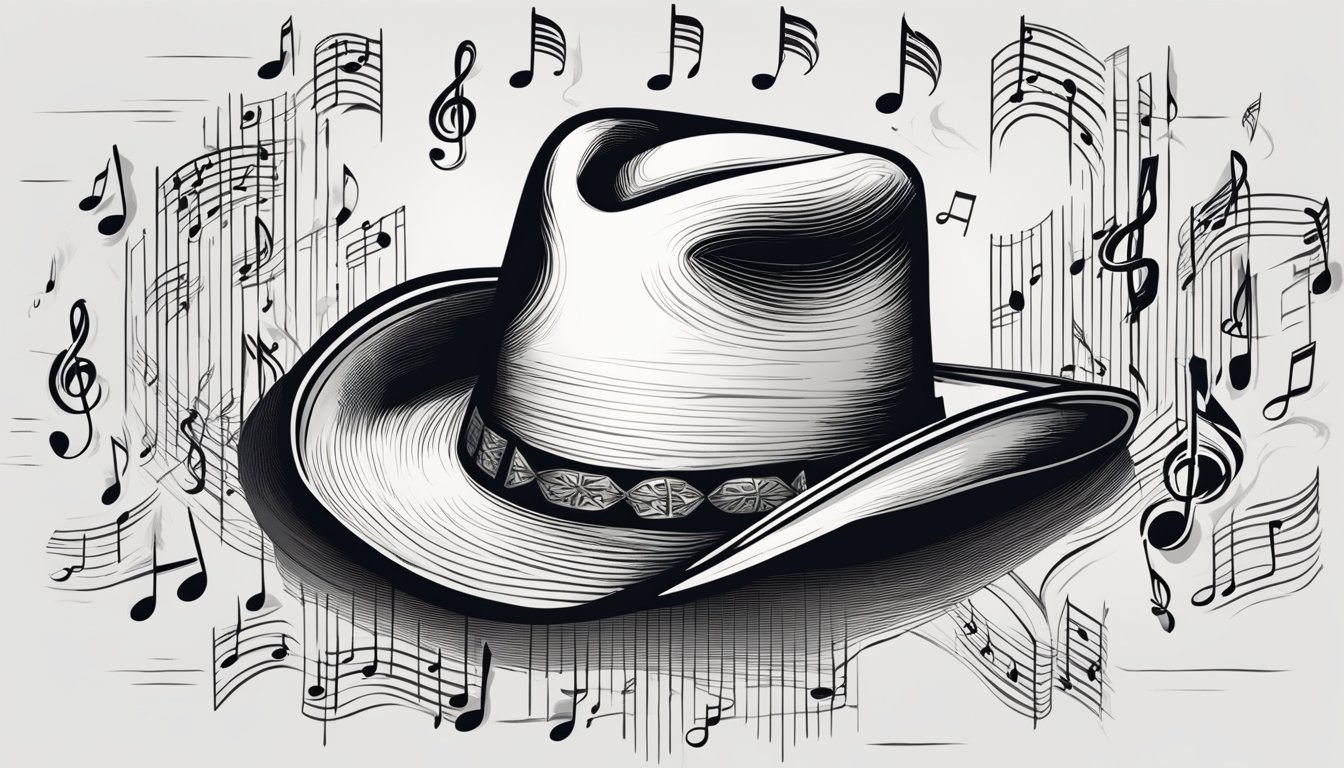 A cowboy hat surrounded by musical notes and a heart symbol with a dollar sign inside, representing George Strait's impact and philanthropy