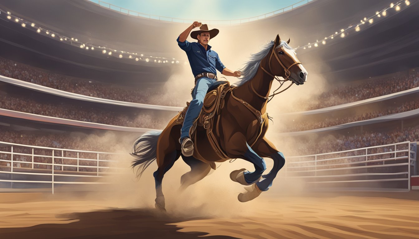 A cowboy riding a bucking bronco in a rodeo arena