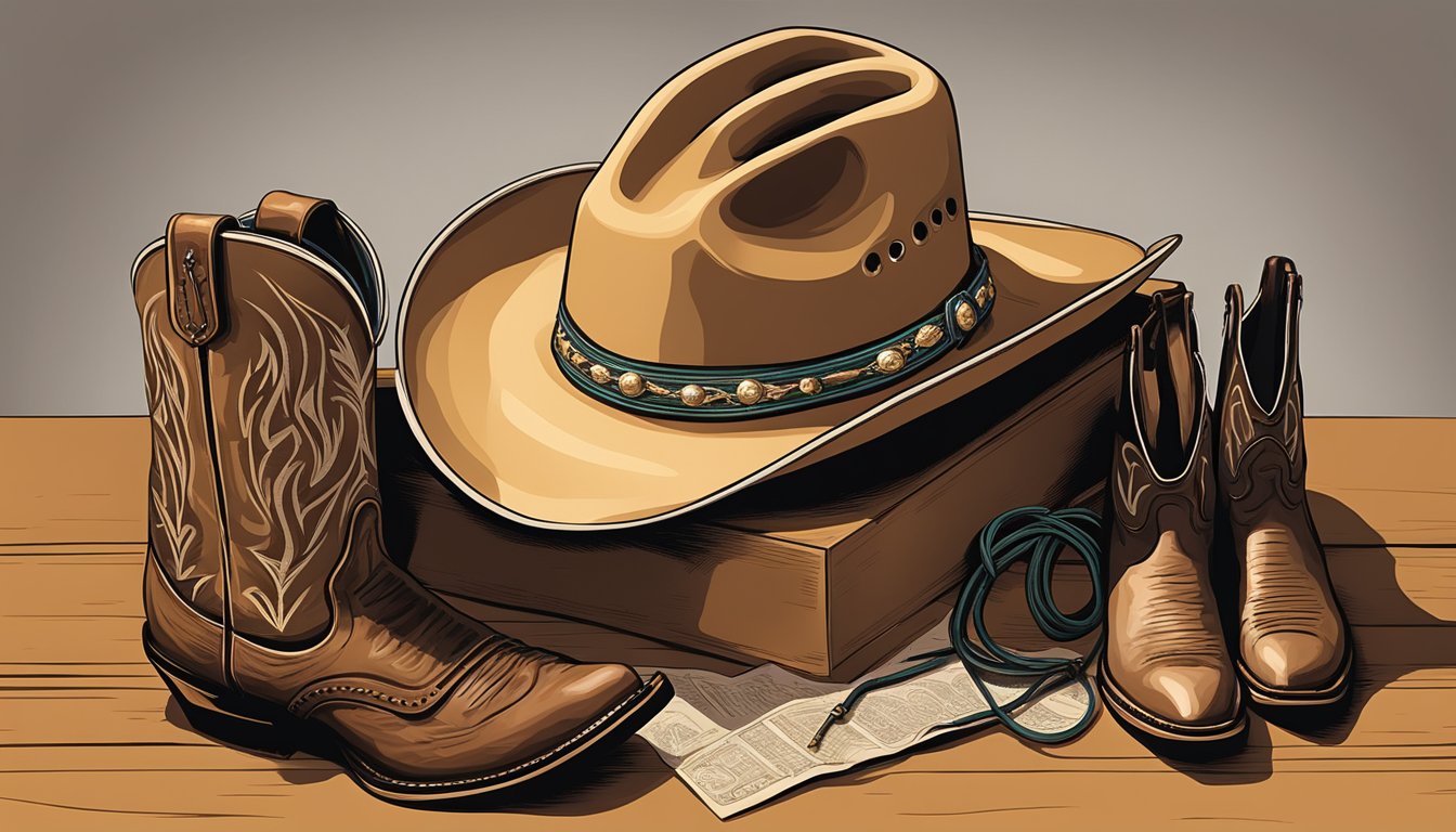 A cowboy hat resting on a guitar, surrounded by cowboy boots and a lasso