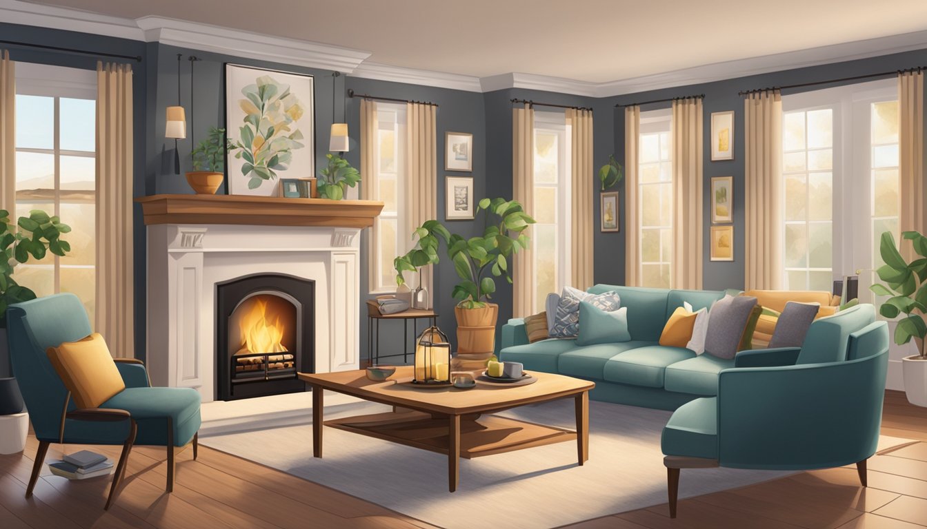 A cozy living room with family photos on the wall, a fireplace, and comfortable seating for a gathering