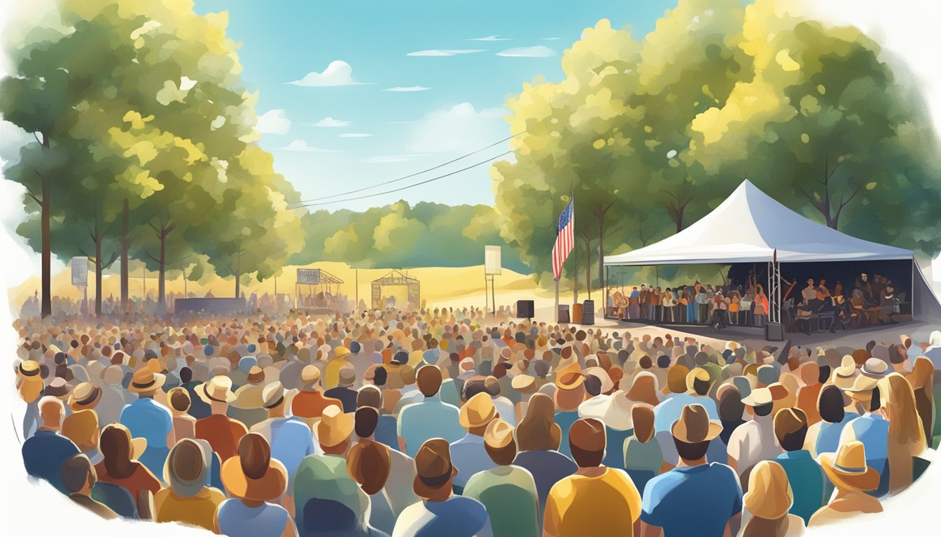 A sunny day with a country music stage and audience