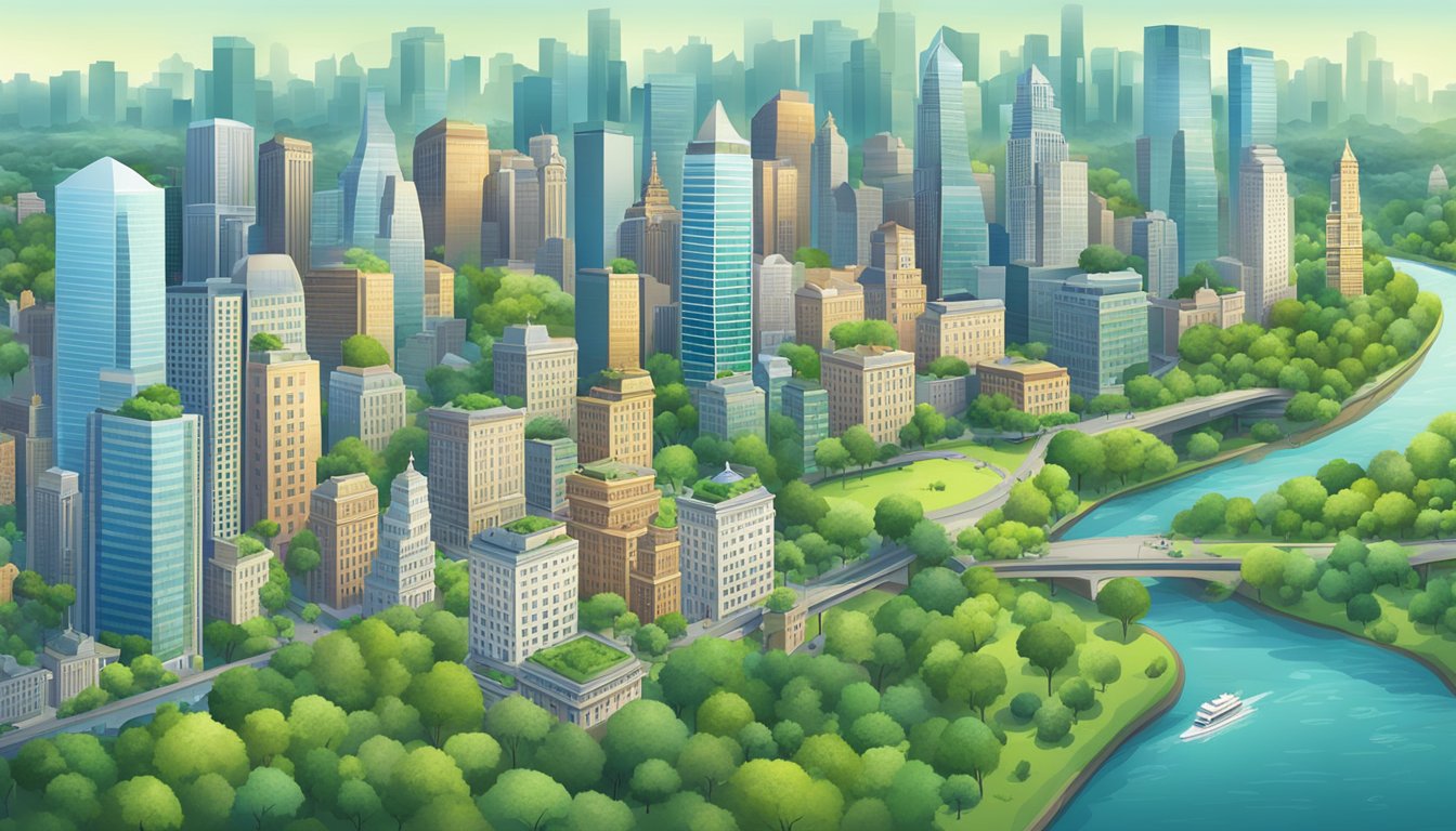 A bustling city skyline with a mix of modern skyscrapers and historic buildings, surrounded by lush green parks and a flowing river