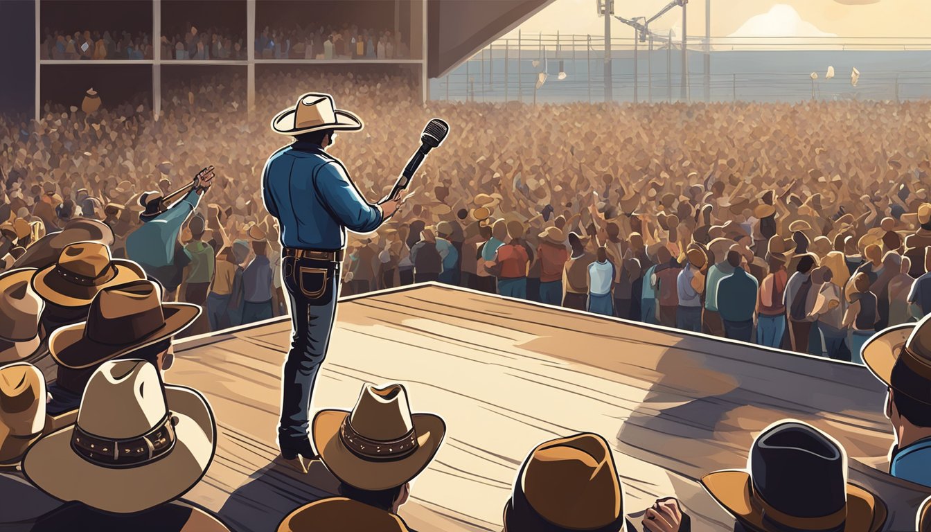 A cowboy hat and boots on a stage with a guitar and microphone, surrounded by a crowd of cheering fans