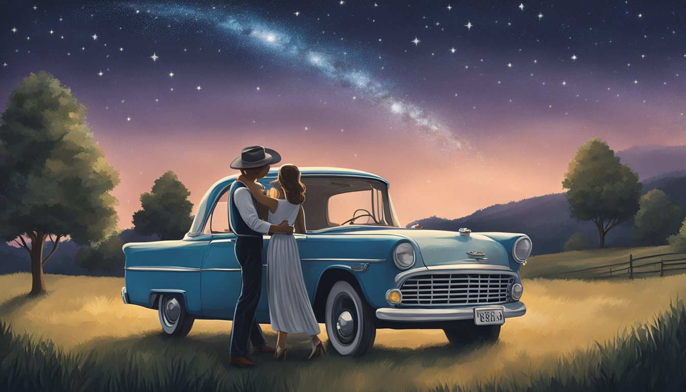 A couple slow dancing under the stars, surrounded by a serene countryside setting with a vintage record player playing "A Love as True as Mine" by George Strait