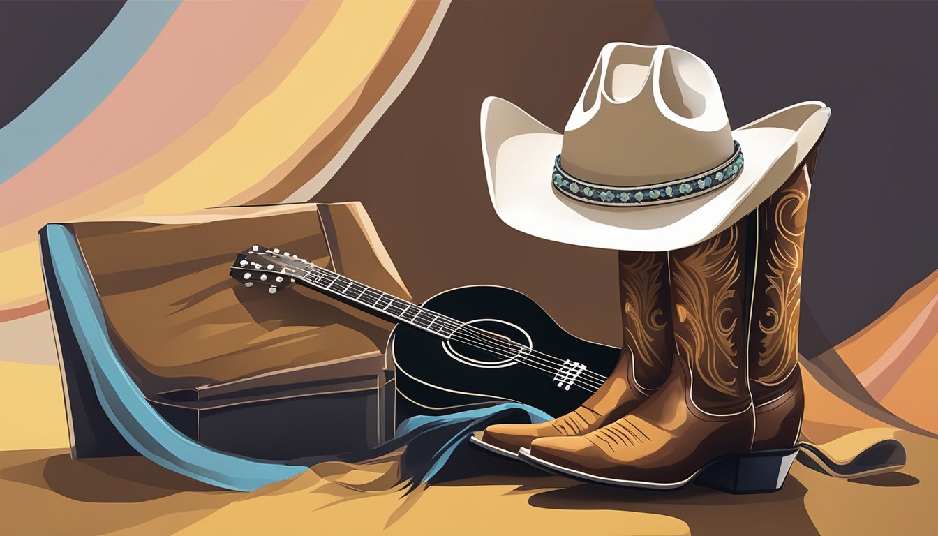 A cowboy hat, a pair of cowboy boots, and a guitar on a stage