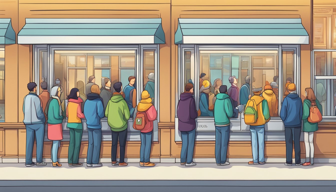 A line of people waiting to buy tickets at a box office window