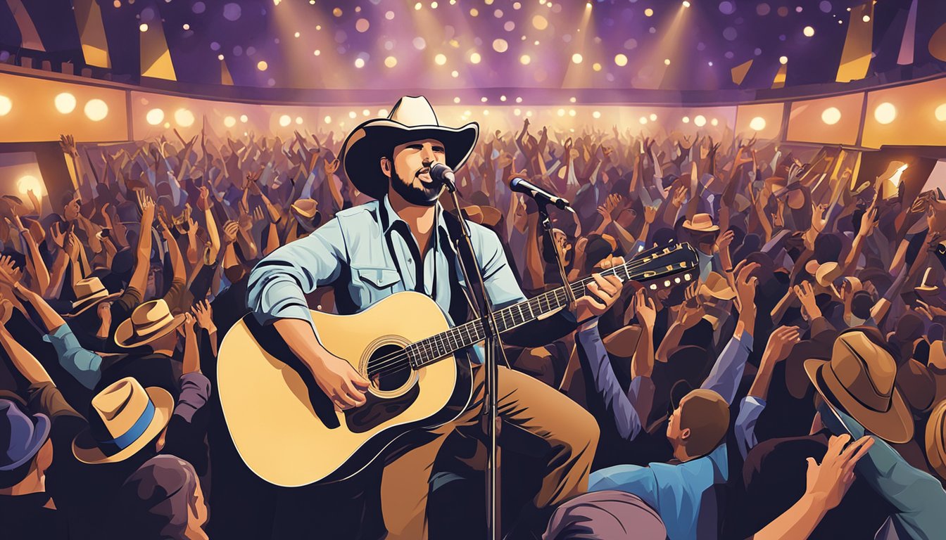 Spotlight on stage, crowd cheering, guitars strumming, cowboy hats in the air