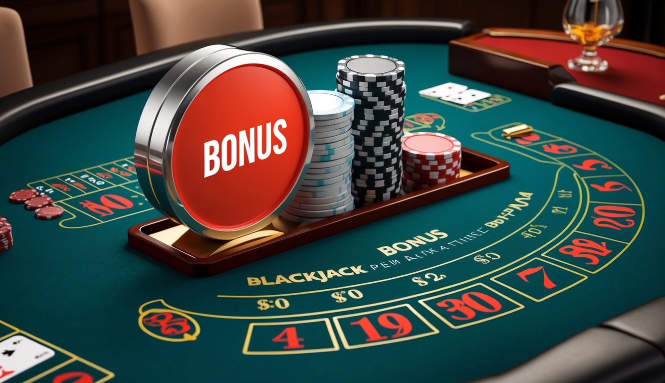 Sebuah meja blackjack online yang stylish dan modern dengan simbol bonus besar yang ditampilkan dengan jelas