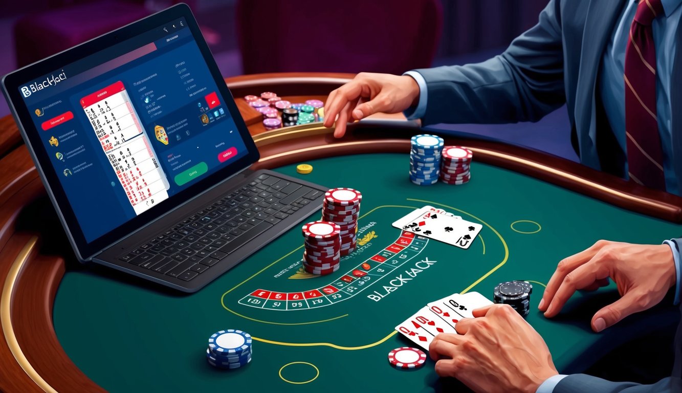 Seseorang yang bermain blackjack secara online, dengan kartu dan chip di meja virtual