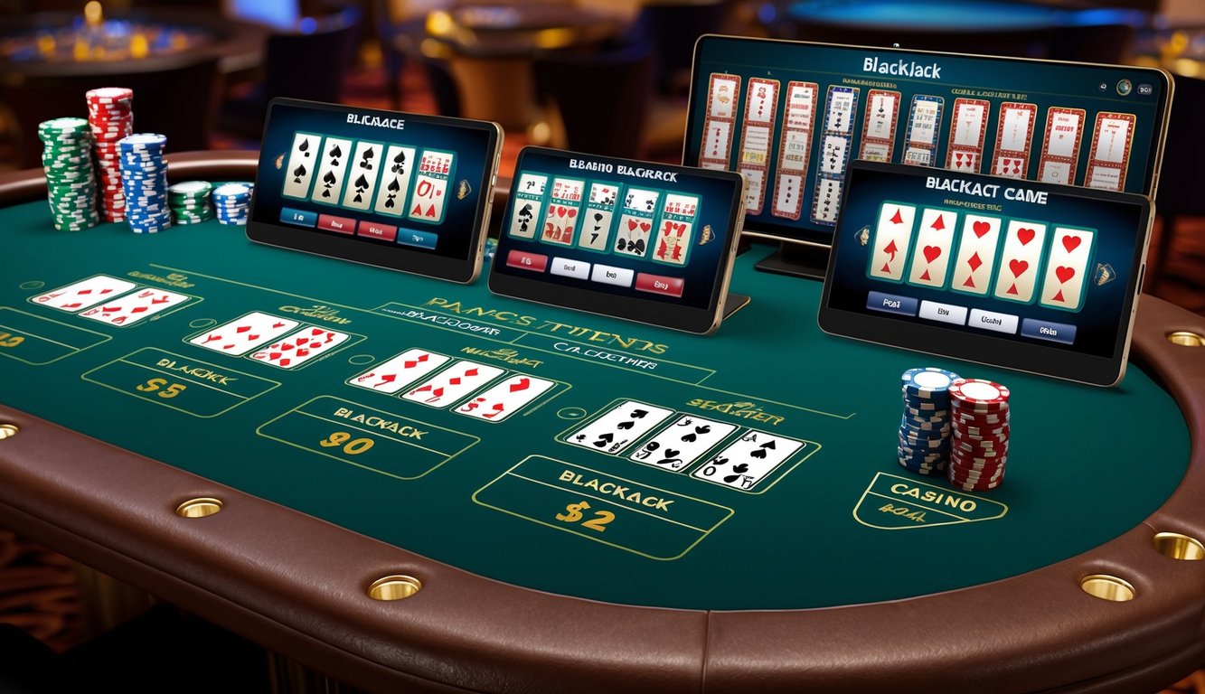 Meja kasino digital dengan berbagai varian permainan blackjack yang ditampilkan di layar