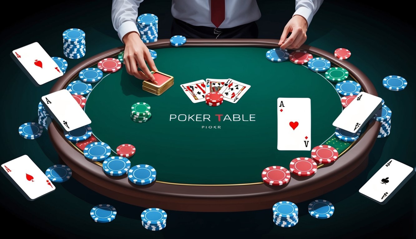 Meja poker virtual dengan dealer langsung di layar, dikelilingi oleh kartu dan chip digital