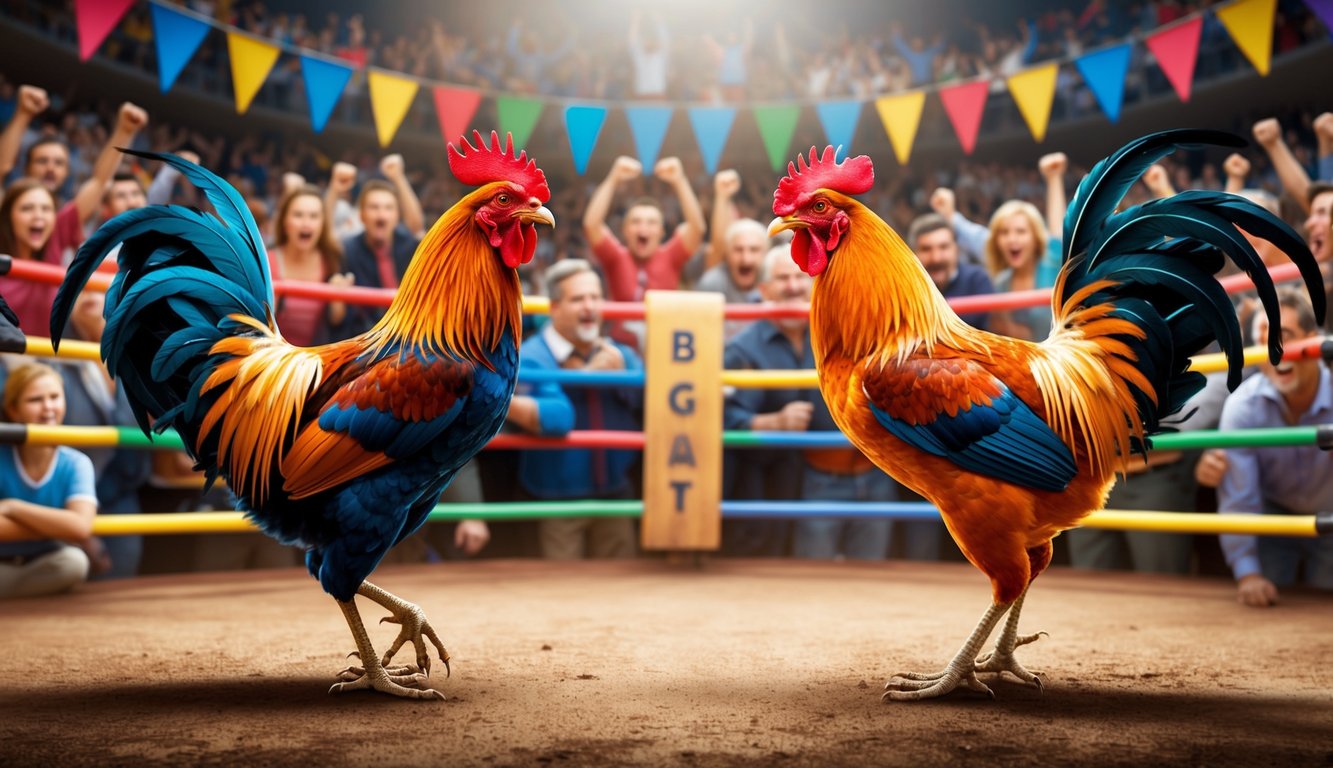 Dua ayam jantan berhadapan di arena yang ramai, dikelilingi oleh penonton yang bersorak dan spanduk berwarna-warni. Suasana tegang saat pertarungan akan dimulai.