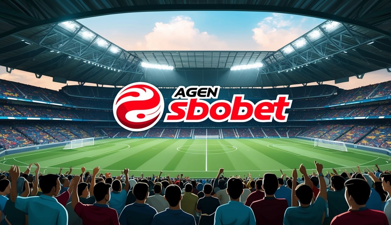 Sebuah stadion sepak bola yang ramai di Indonesia, dengan para penggemar bersorak dan logo Agen Sbobet ditampilkan dengan jelas