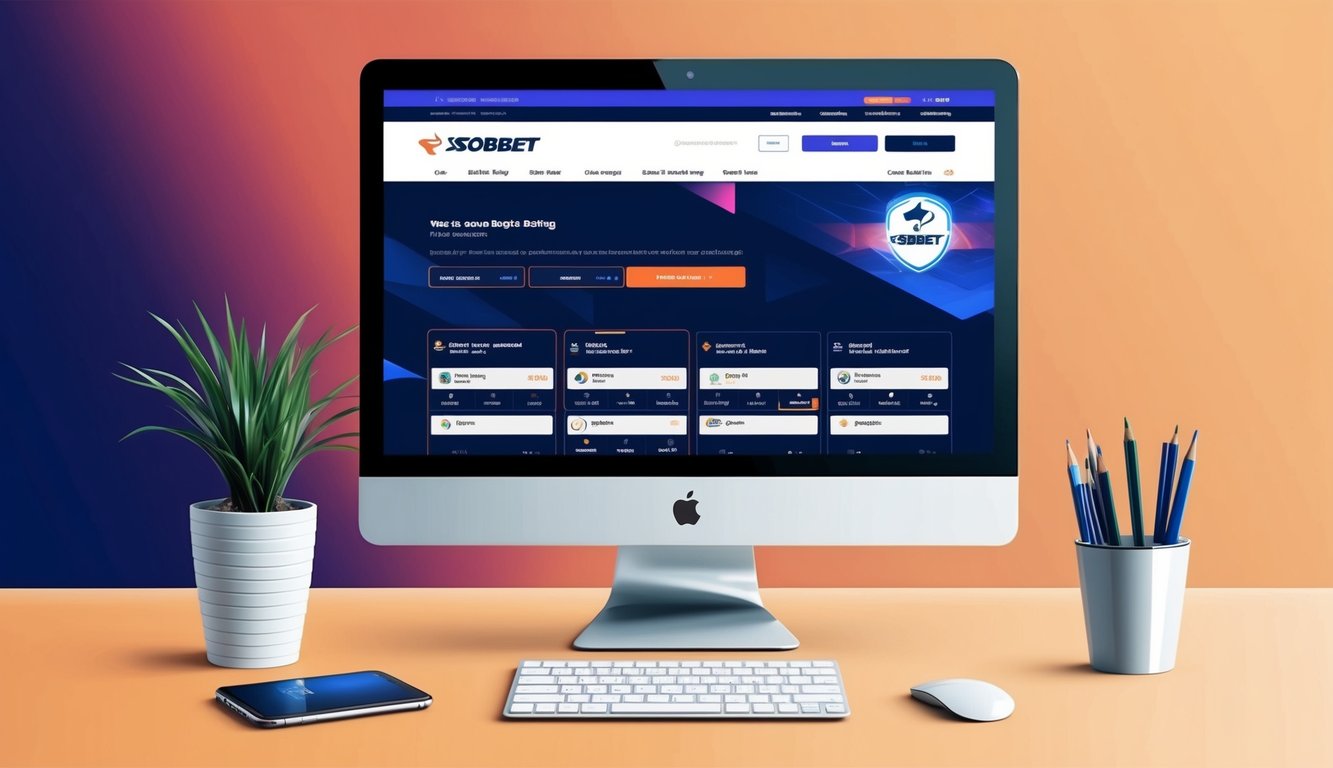 Sebuah layar komputer menampilkan situs resmi sbobet dengan logo dan berbagai opsi taruhan olahraga