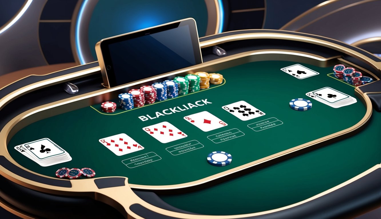 Meja blackjack online yang ramping dan modern dengan kartu dan chip virtual, dikelilingi latar belakang yang stylish dengan suasana profesional dan dapat dipercaya.