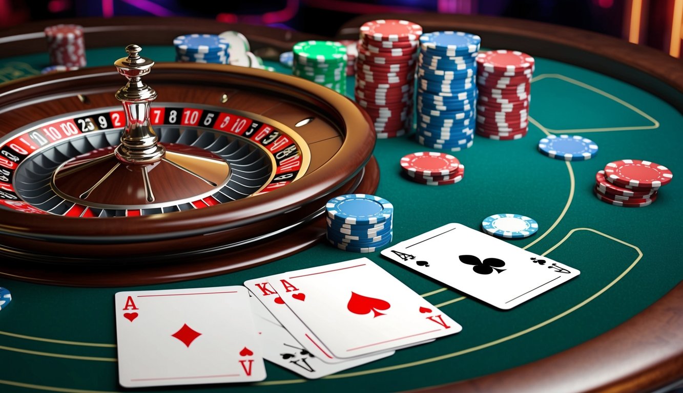 Sebuah meja blackjack digital dengan kartu dan chip, dikelilingi oleh latar belakang kasino virtual