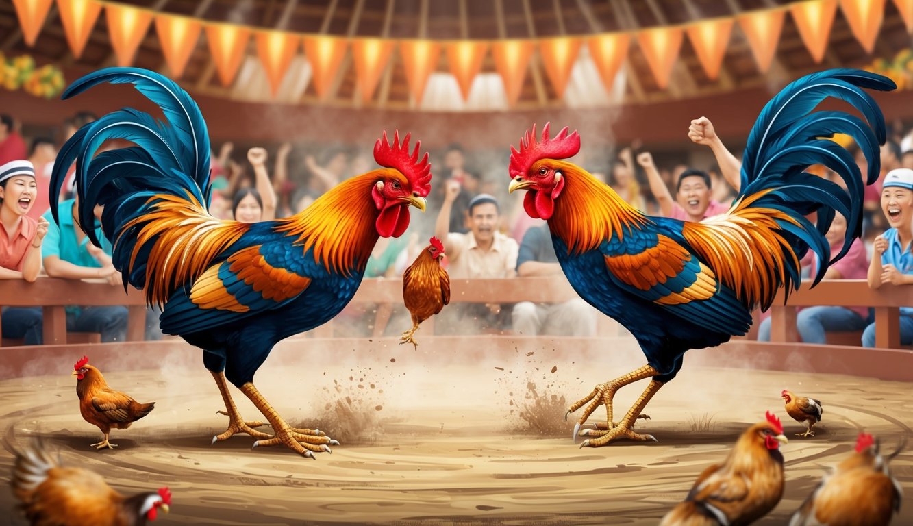 Dua ayam jantan bertarung di arena sabung ayam tradisional Indonesia, dikelilingi oleh penonton yang bersorak dan suasana yang meriah