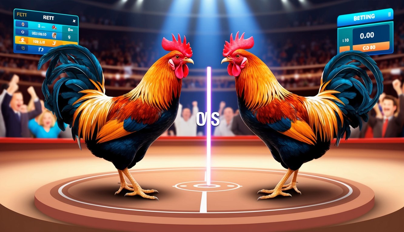 Dua ayam jantan berhadapan di arena digital, dikelilingi oleh penonton virtual yang bersorak dan antarmuka taruhan