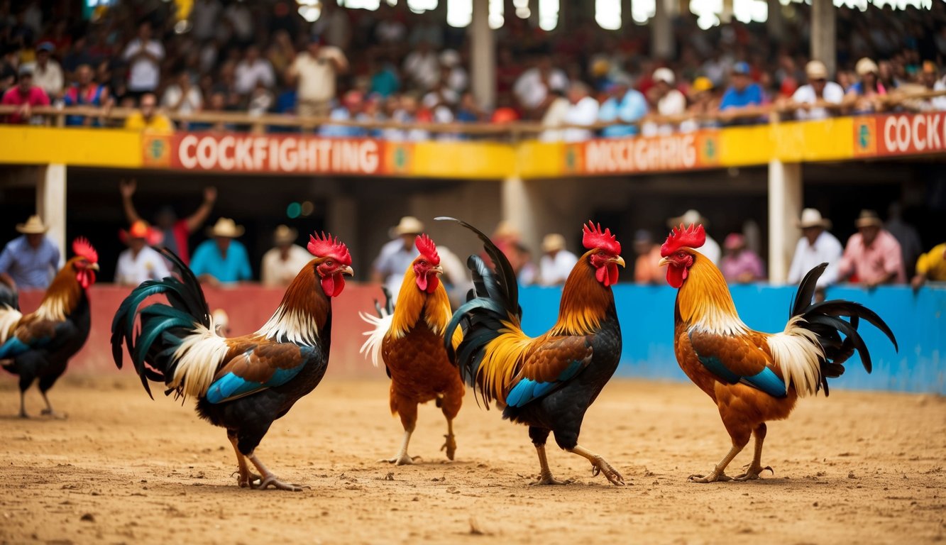 Sebuah arena sabung ayam yang hidup dan ramai, dengan penonton yang bersorak dan ayam jantan berwarna-warni terlibat dalam pertarungan sengit