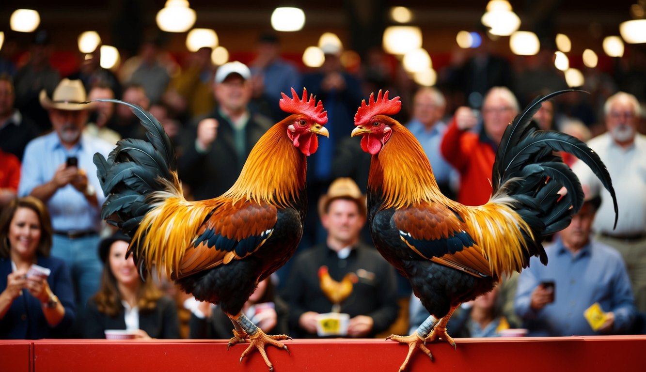 Dua ayam jantan berhadapan di arena yang ramai, dikelilingi oleh penonton yang antusias memasang taruhan pada pertandingan dengan peluang terbaik