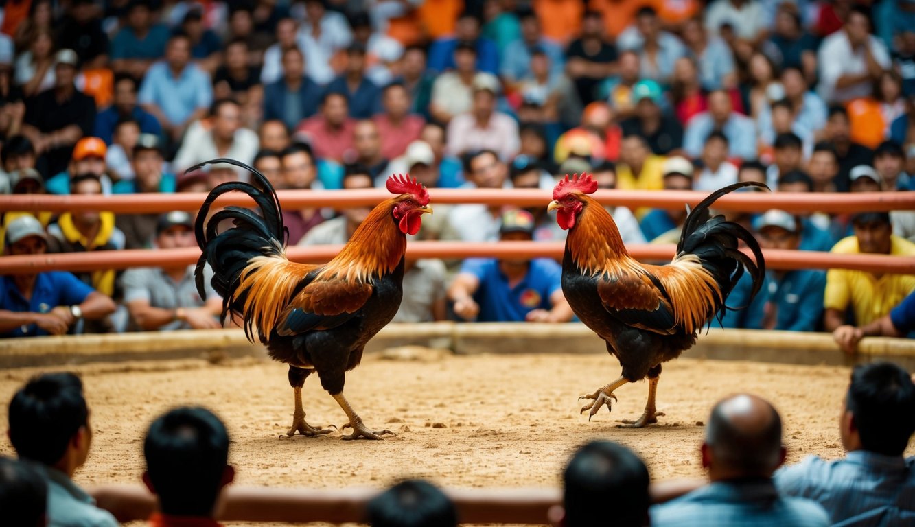 Sebuah arena sabung ayam online yang ramai dengan ayam jantan yang berhadapan di sebuah ring dikelilingi oleh penonton yang antusias