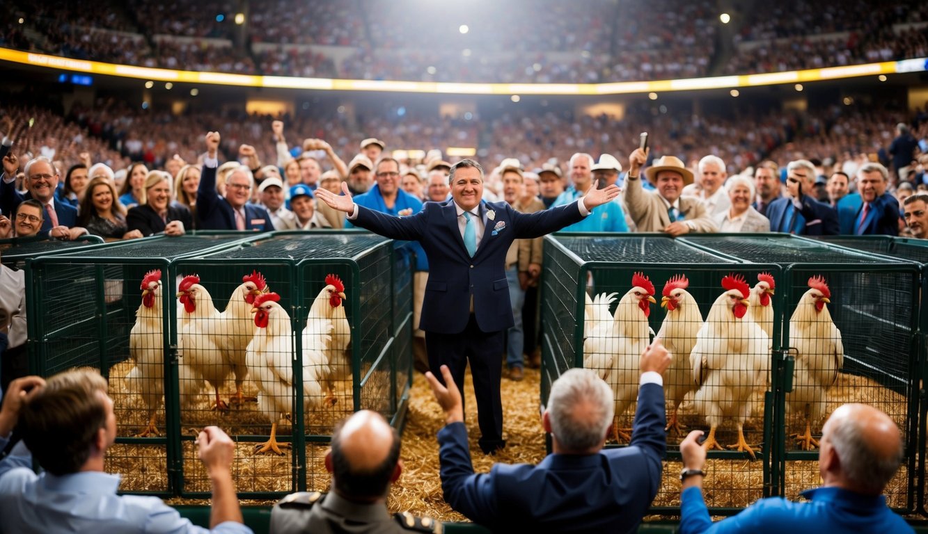 Sebuah arena yang ramai dengan ayam jantan di dalam kandang terpisah, dikelilingi oleh penonton dan pejabat yang bersemangat.