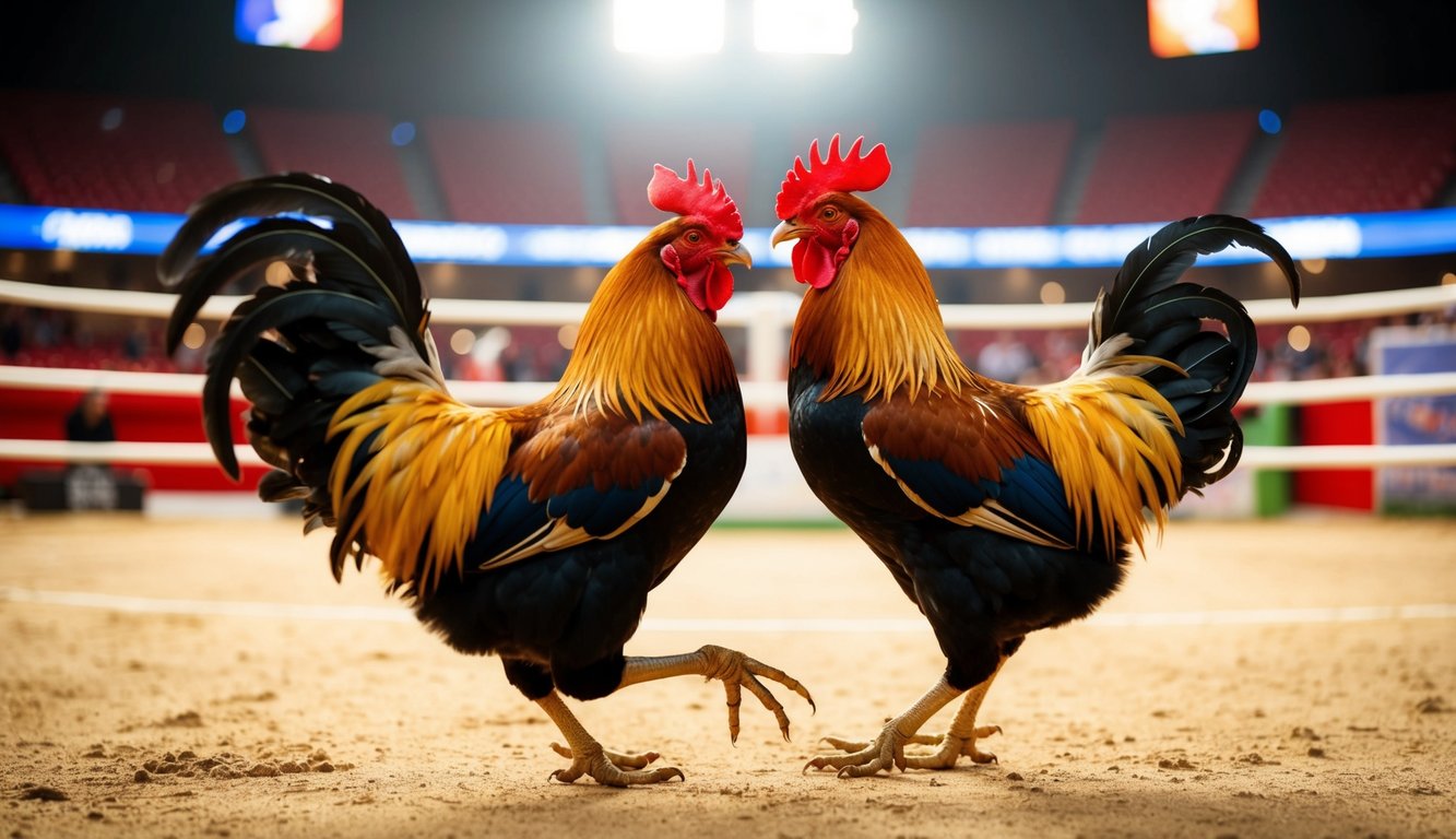 Dua ayam jantan terlibat dalam pertarungan sengit di arena yang terang benderang dengan siaran langsung berkualitas tinggi di latar belakang