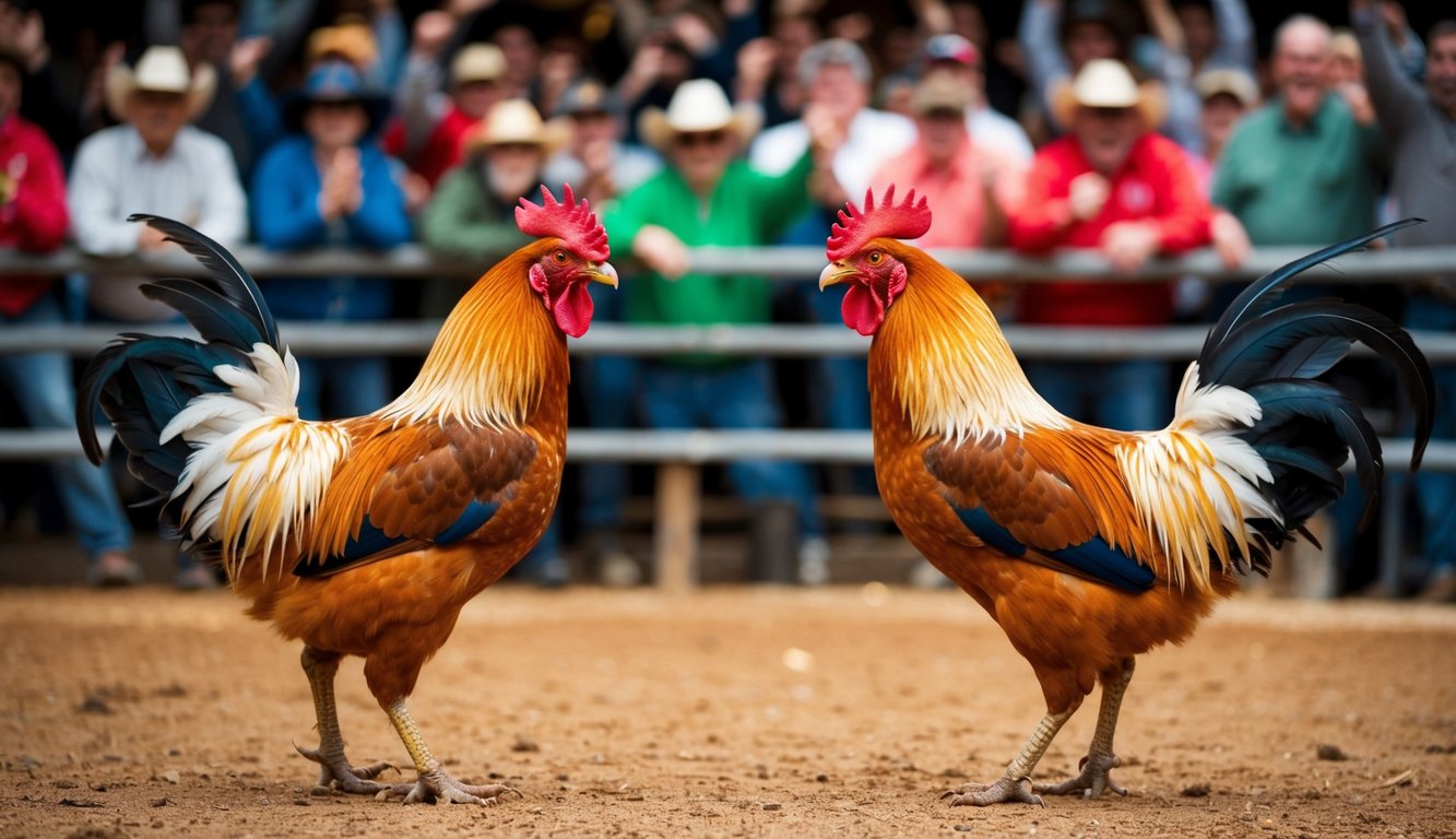 Dua ayam jantan saling berhadapan di arena tanah, bulu-bulu mereka mengembang, siap untuk bertarung. Kerumunan penonton bersorak di latar belakang.