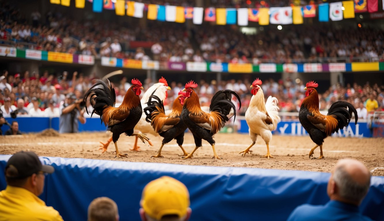 Sebuah arena yang ramai dengan ayam jantan yang bertarung, dikelilingi oleh penonton yang antusias dan spanduk berwarna-warni